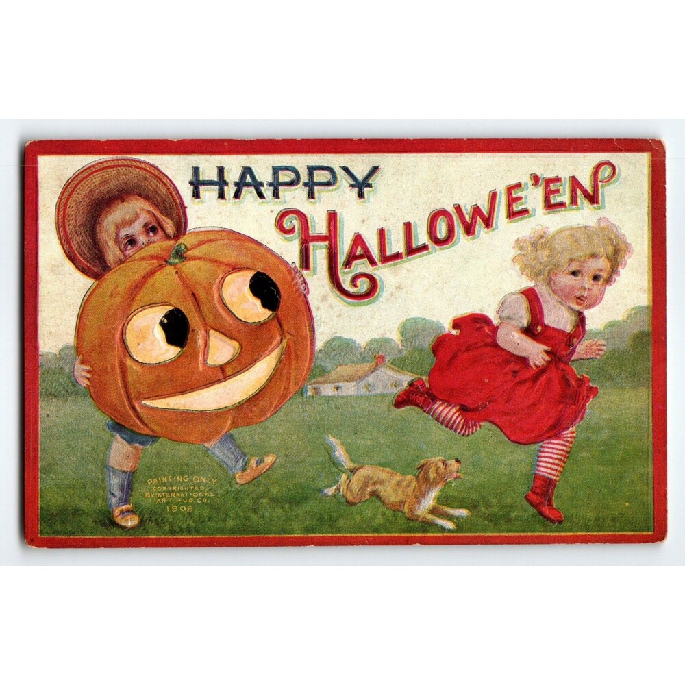 Antique Halloween Postcard Boy Holds Human Faced JOL Dog Girl Run Scared 1908